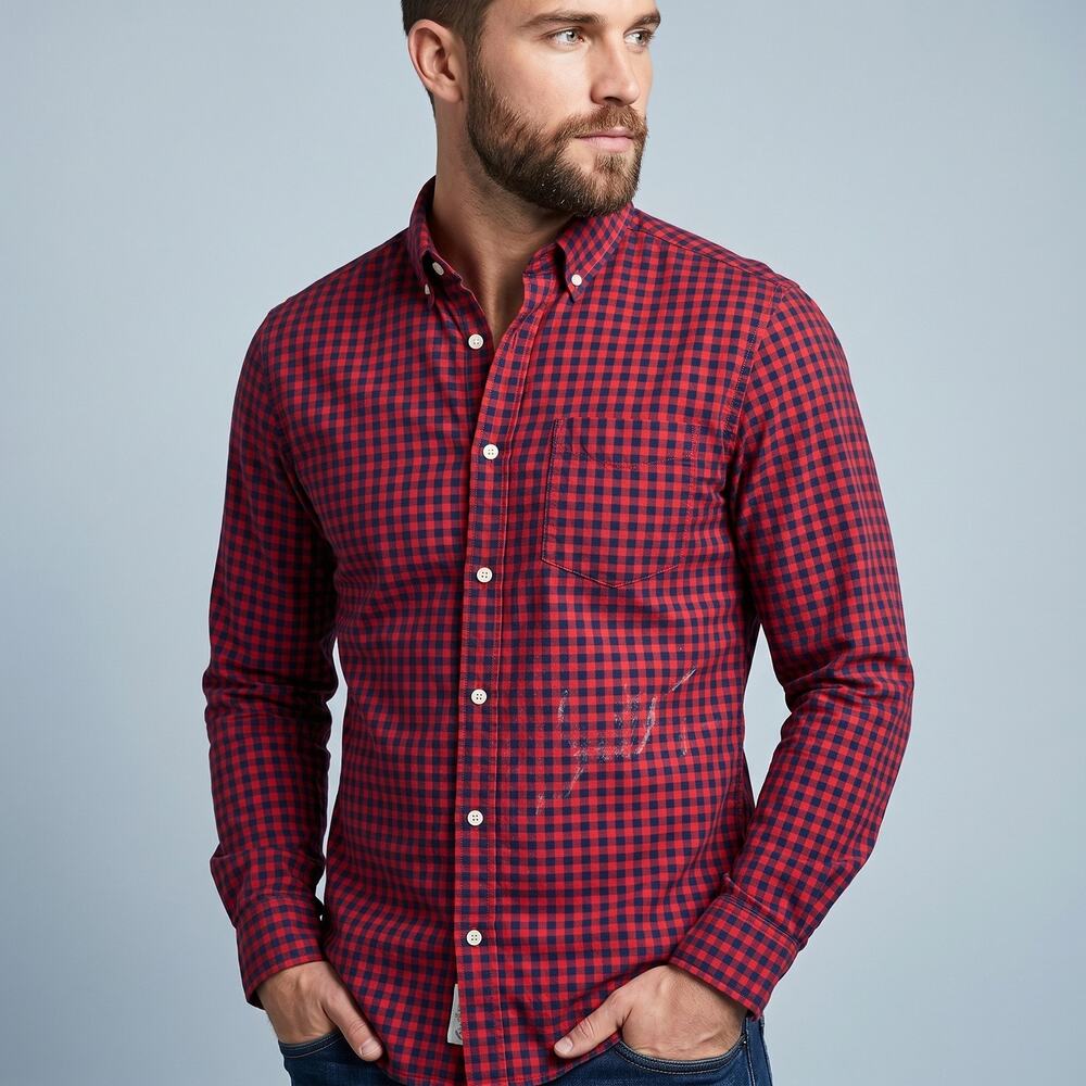 H&M L.O.G.G. Men's Gingham Check Button Down Shirt Red Navy Blue Casual Small